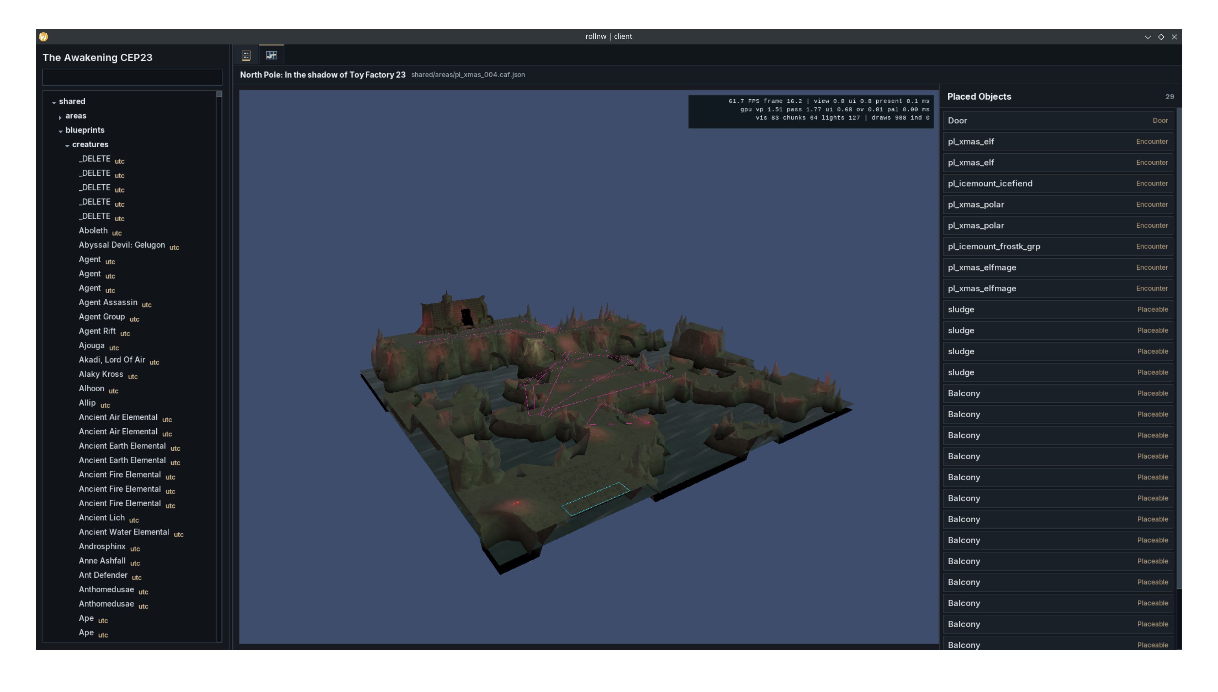 Area viewer showing project resources, a rendered area, and its placed-object list
