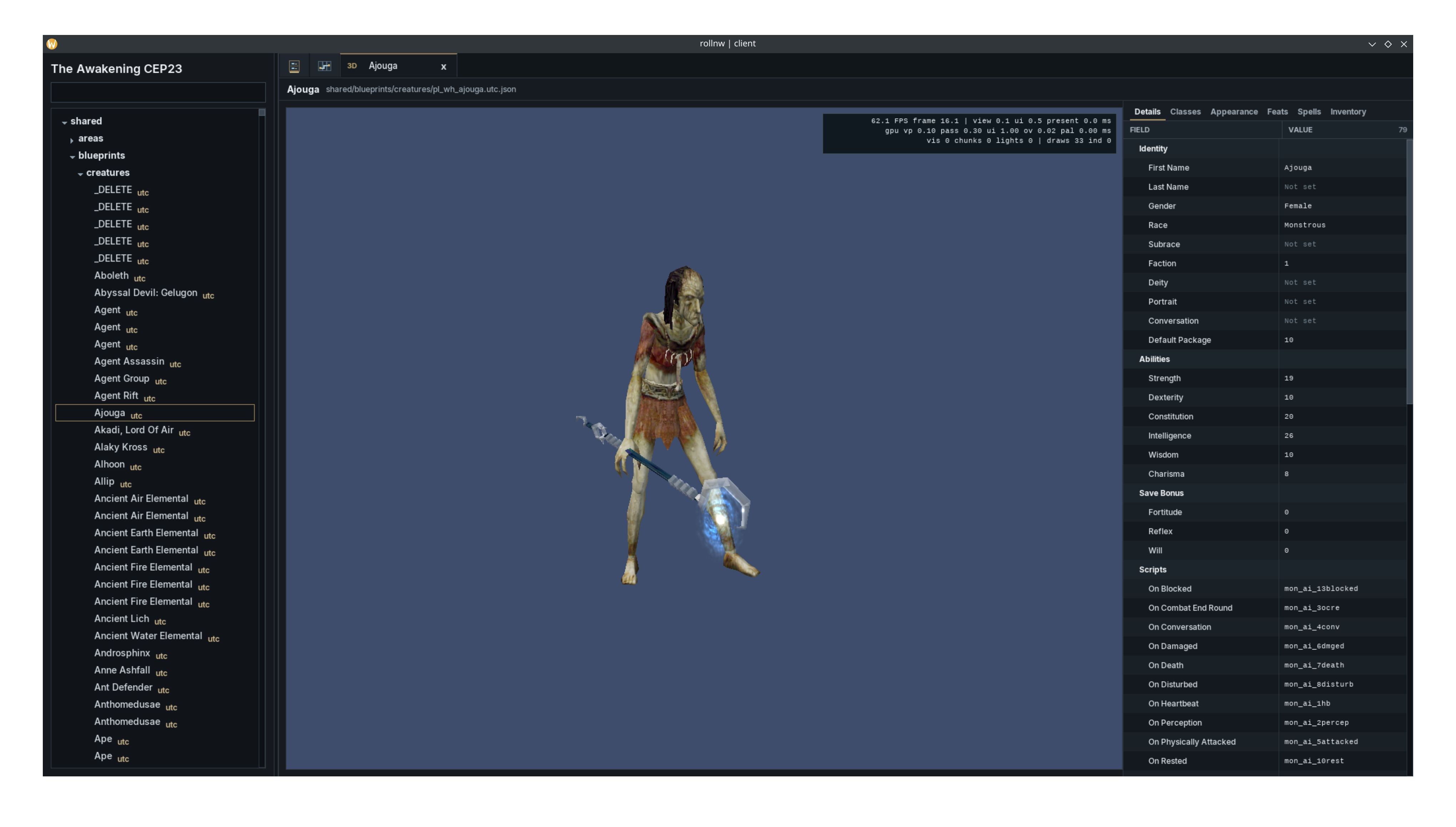 Creature blueprint preview showing the rendered creature and Details workbench