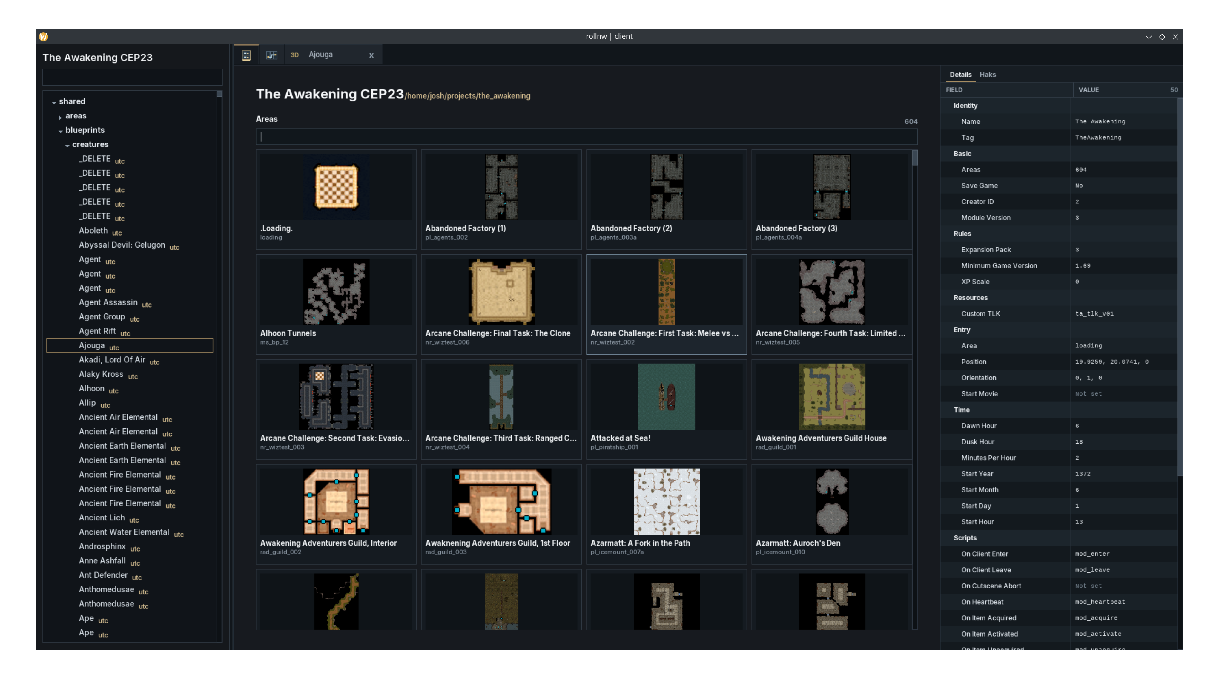 Module viewer showing project resources, area minimaps, and module details